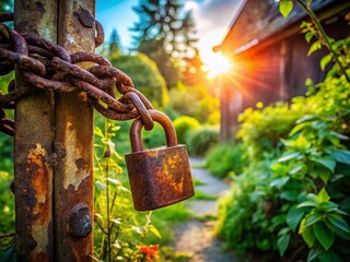 Rustic Countryside Padlock: Weathered Chain & Old Lock on Rural Fence