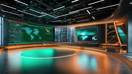 A spacious virtual TV studio featuring a green screen backdrop and modern 3D elements, ideal for news broadcasting or virtual productions.