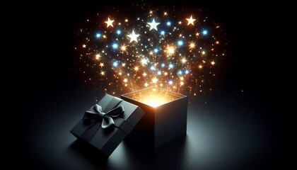 An open black box releasing a burst of glowing stars and sparkles into the dark, symbolizing mystery, magic, and surprise, ideal for a Black Friday shopping