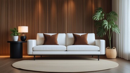 Contemporary home design with minimalist furniture, indoor plants, and warm brown and white tones for a tranquil atmosphere