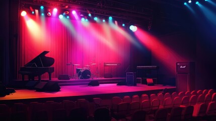 A stage with colorful spotlights illuminating a truss system and musical instruments, ready for a performance in a concert hall with red seats.