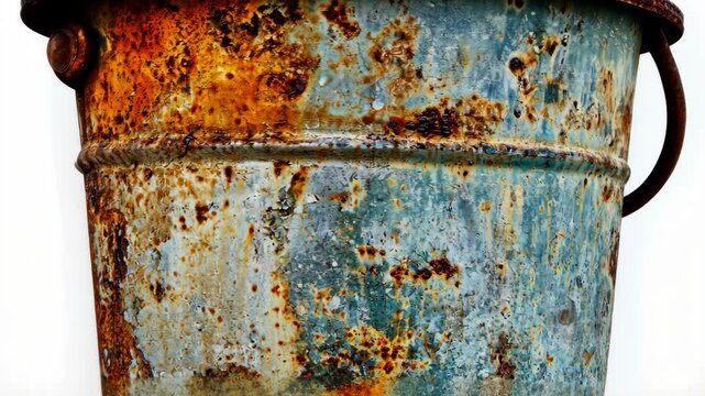 Rusty metal bucket with weathered texture and rust patterns displayed against a clean background