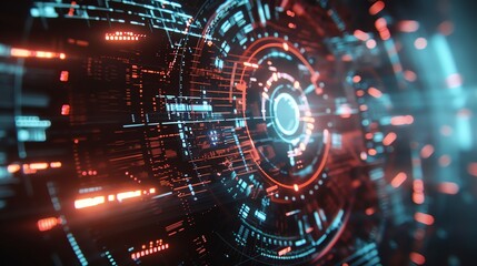 Abstract digital interface with glowing blue and orange lines.