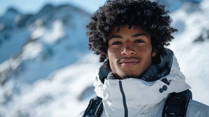 A short-haired, black-haired, curly-haired male snowboarder in a uniform confidently riding on the snowy mountainside, showcasing adventure, winter sports, and active outdoor lifestyle.