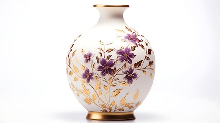 Elegant white porcelain vase with purple flowers and gold accents isolated on white background.