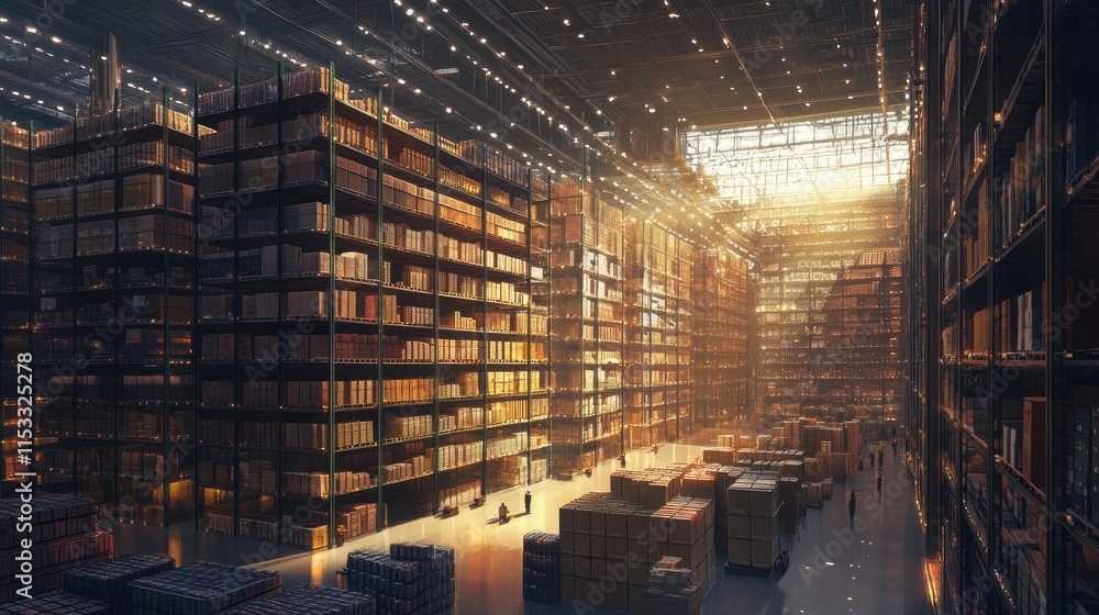 Poster a vast distribution warehouse with towering shelves filled with products, representing the scale of 