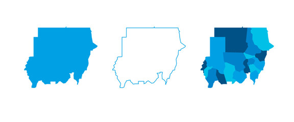 Sudan set of three maps - solid map, outline map and map highlighting administrative divisions. Three distinct maps illustrate various representations of a geographical area.