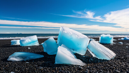 Ice chunks melting on black sand beach under blue sky