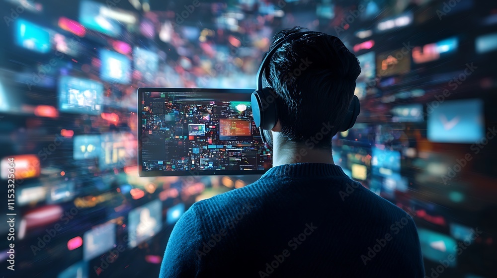 Poster businessman wearing headphones is fully immersed in a digital world of screens displaying endless st