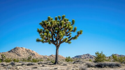 Fototapeta premium A vibrant green tree thriving in the desert with a clear blue sky in the background, symbolizing hope and resilience in nature.