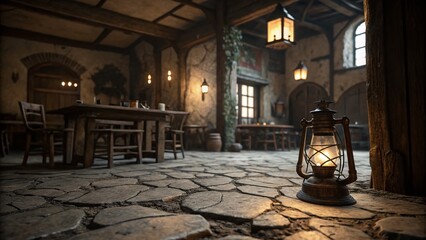 Fototapeta premium Rustic Tavern Interior: Stone Floor, Fractured Walls, Wooden Furniture, Glowing Lantern - Stock Photo