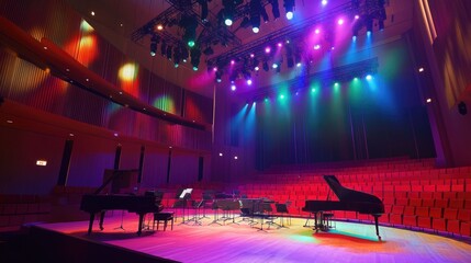 A vibrant stage setup with colorful lighting effects on a truss system, featuring musical instruments, and empty red seats in a concert hall