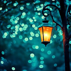 Illuminated Lantern Against A Teal Bokeh Background