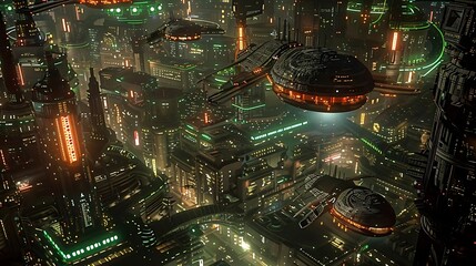 Obraz premium Futuristic city at night with flying vehicles and illuminated buildings.