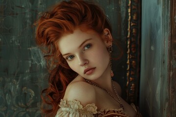 Fototapeta premium Portrait of a captivating redhead model wearing a vintage inspired dress and hairstyle, evoking a sense of timeless elegance