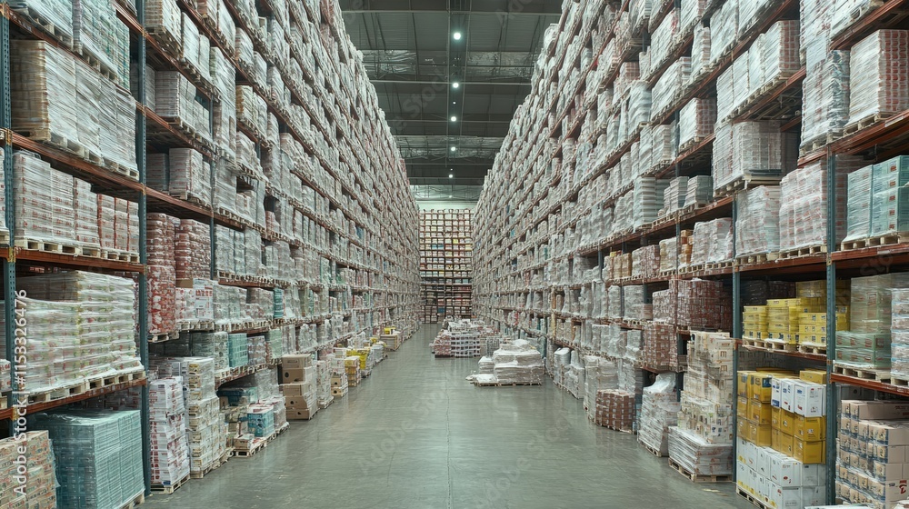 Poster a wide shot of a large distribution warehouse with high shelves stacked with products, highlighting 