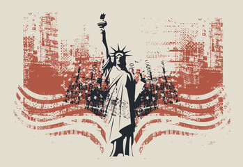 Vector banner or card with the famous American Statue of Liberty on the background of silhouettes New York skyscrapers and flag USA. Decorative illustration of US landmark in grunge style © paseven