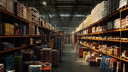 A wide shot of a large distribution warehouse with high shelves stacked with products, highlighting the scale of industrial storage and logistics.