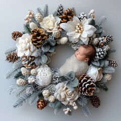 Obraz premium Top down lay flat wreath for newborn setups with silver and white colors for Christmas.