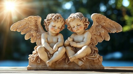 Cherubic angel statues: serene stone sculpture of winged children in sunlight