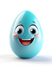 Happy light blue cartoon egg with big eyes and smiling mouth.