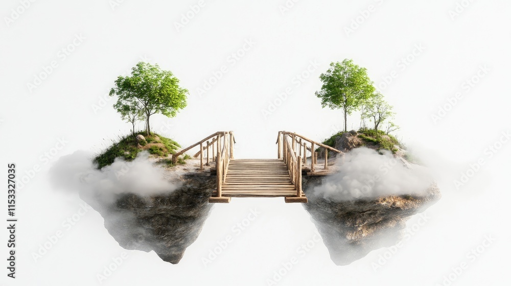 Poster a wooden bridge connecting two serene floating islands in the clouds, isolated on a white background