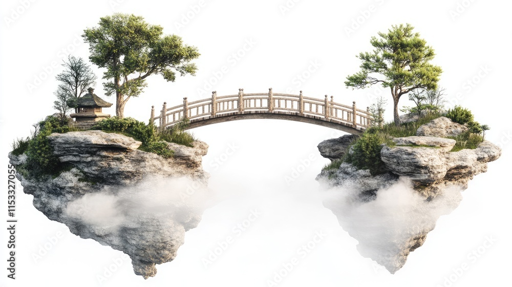 Poster A wooden bridge connecting two serene floating islands in the clouds, isolated on a white background, symbolizing harmony and exploration.