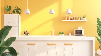 A bright yellow kitchen with a smooth white countertop, contemporary fixtures, and cozy bar stools for seating.