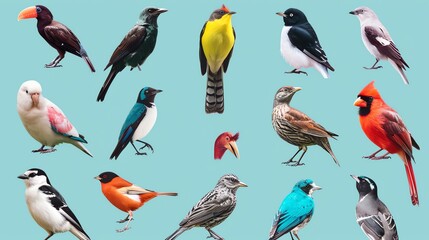A collage of different bird species on a light blue background.