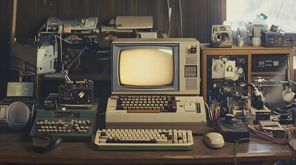 Fototapeta premium Collection of vintage computers Electronic devices sits on a wooden desk For evoking a nostalgic feeling of a bygone technological era Concept.