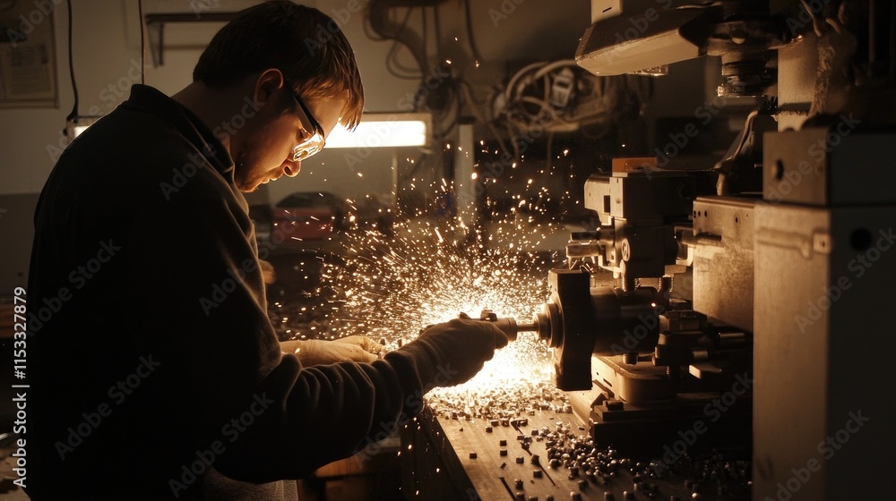 Poster A worker using a lathe grinder machine on a metal part, with sparks flying as the final touches are made, emphasizing the metalworking process.