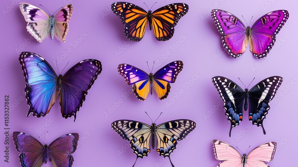 Poster a flat lay of colorful butterflies arranged in a grid pattern on a light purple background.