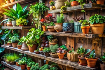 Fototapeta premium Rustic Wooden Shelves with Potted Plants: Home & Garden Decor