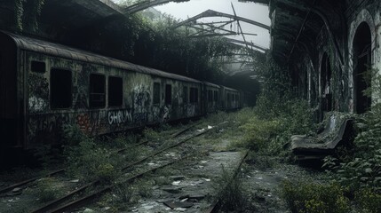 Naklejka premium Abandoned railway station with weathered, graffiti-tagged train cars, broken windows, and overgrown weeds, creating a haunting post-apocalyptic feel.