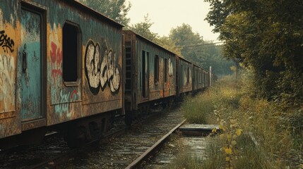 Obraz premium Abandoned railway station with weathered, graffiti-tagged train cars, broken windows, and overgrown weeds, creating a haunting post-apocalyptic feel.