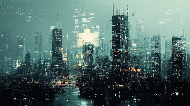 a dynamic digital skyline that embodies the merging of urban life and technology.