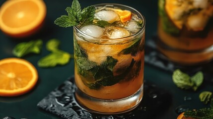 Minty Mojito. Refreshing mojito cocktail with mint and lime slices on