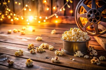 Rustic Wooden Table with Vintage Cinema Setting, Popcorn & Film Reels - National Popcorn Day