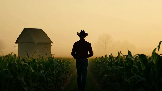 Farmer walks along a cornfield in the evening fog. In the distance is a granary. The tranquil beauty of a cornfield walk in the evening. Rural life and agriculture.
