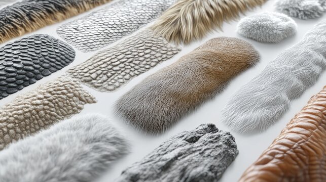 A variety of textured materials resembling animal fur and skin for design purposes.