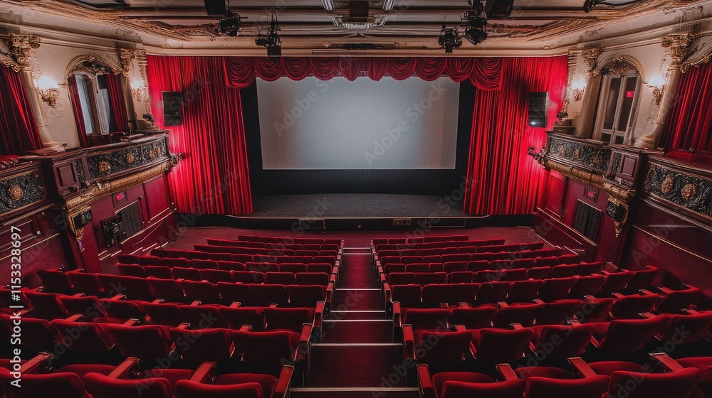 Poster an empty cinema with red seats and a large white screen, flanked by luxurious red curtains, creating
