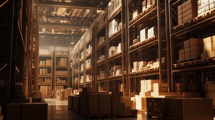 Fototapeta premium An expansive distribution warehouse with towering shelves, filled with boxes and goods, illustrating the logistics and storage industry.