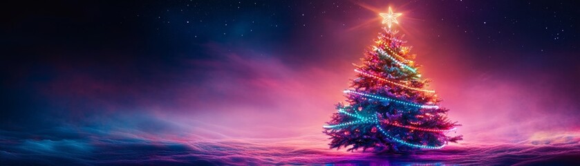 Futuristic christmas tree glowing in neon lights urban nightscape digital art