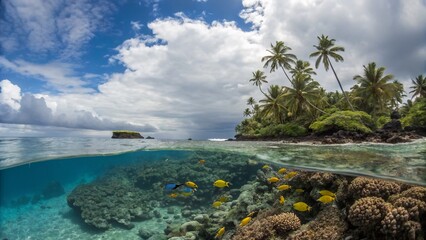 Obraz premium Samoa Island Paradise: Split View of Underwater & Tropical Scene