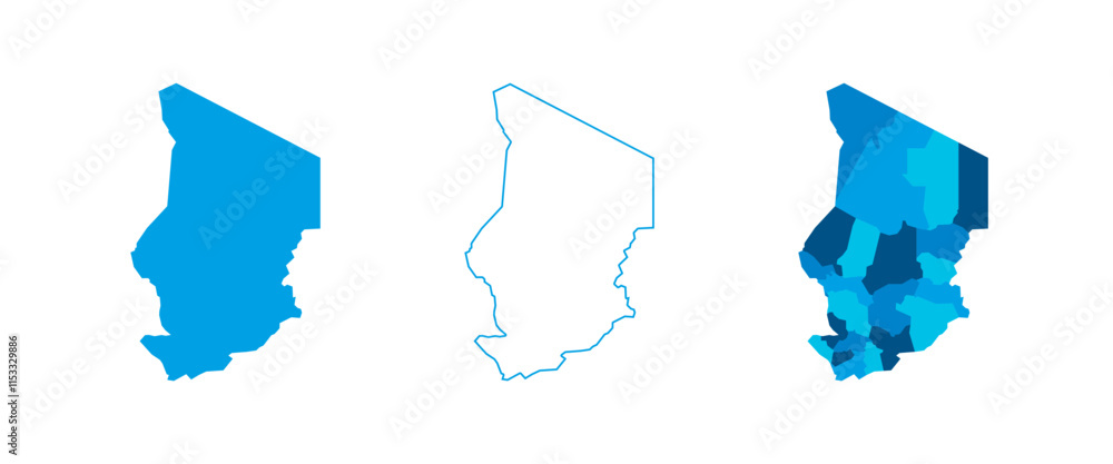 Poster chad set of three maps - solid map, outline map and map highlighting administrative divisions. three