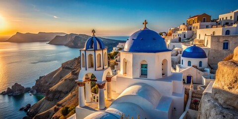Fototapeta premium Santorini Oia Greece: Traditional Church, Whitewashed Buildings, Caldera View - Stock Photo