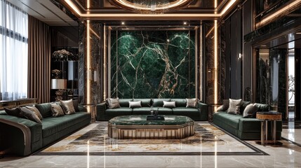 Green marble slab on a luxurious interior surface with stylish furniture and decorative elements, showcasing opulence and modern design.