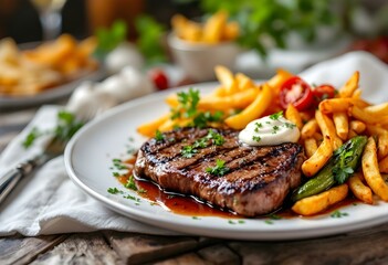 The main course features gently grilled steak slices served with grilled vegetables and crispy golden brown French fries.