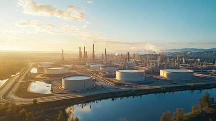 High-altitude view of a massive oil and gas depot terminal, with crude oil storage tanks, pipelines, and logistical facilities for the petroleum industry.