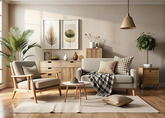 Scandinavian Minimalist Living Room Silhouette: Cozy Boho Interior Design with Wooden Sideboard & Armchair